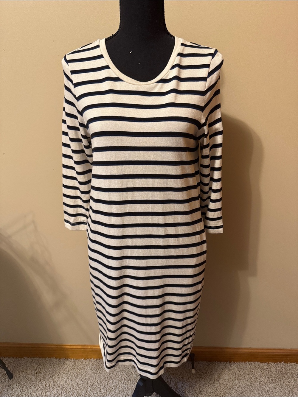 Marine Layer Cream and Black Striped Midi Dress